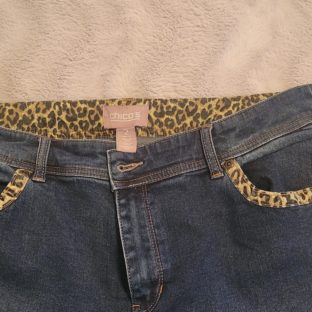 Chico's Dark Blue Denim Straight-Leg Jeans with Leopard Trim